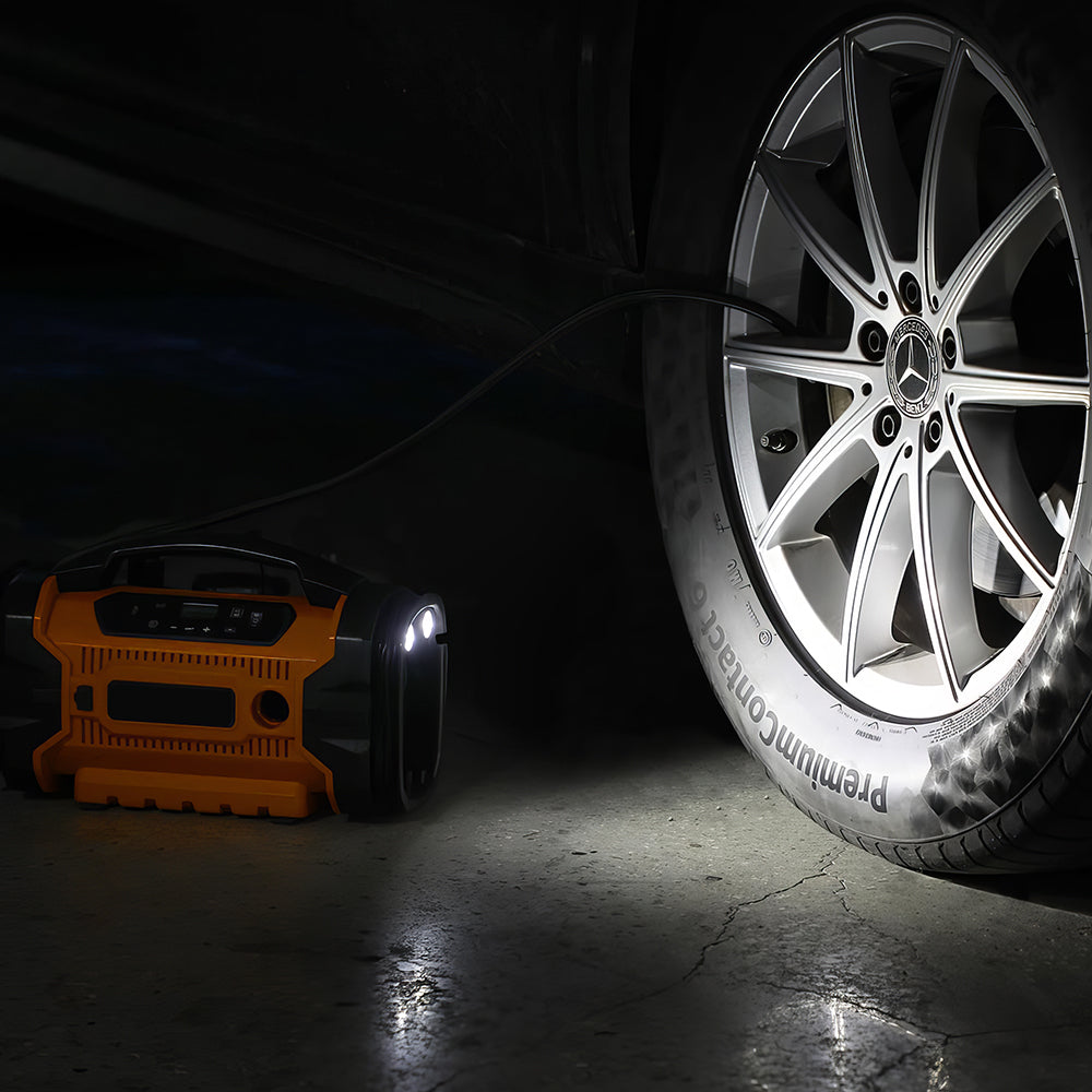 Portable Tire Inflator with Triple Power Supply and Dual Motors