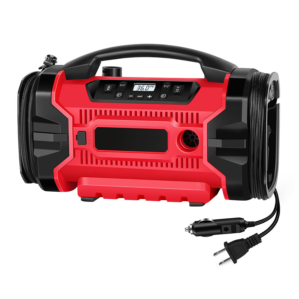Portable Tire Inflator with Triple Power Supply and Dual Motors