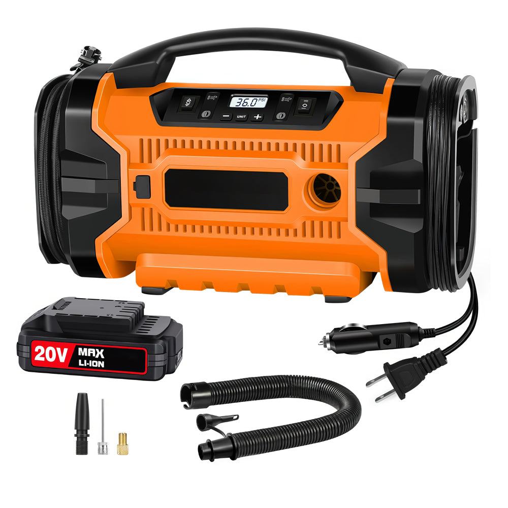 Portable Tire Inflator with Triple Power Supply and Dual Motors