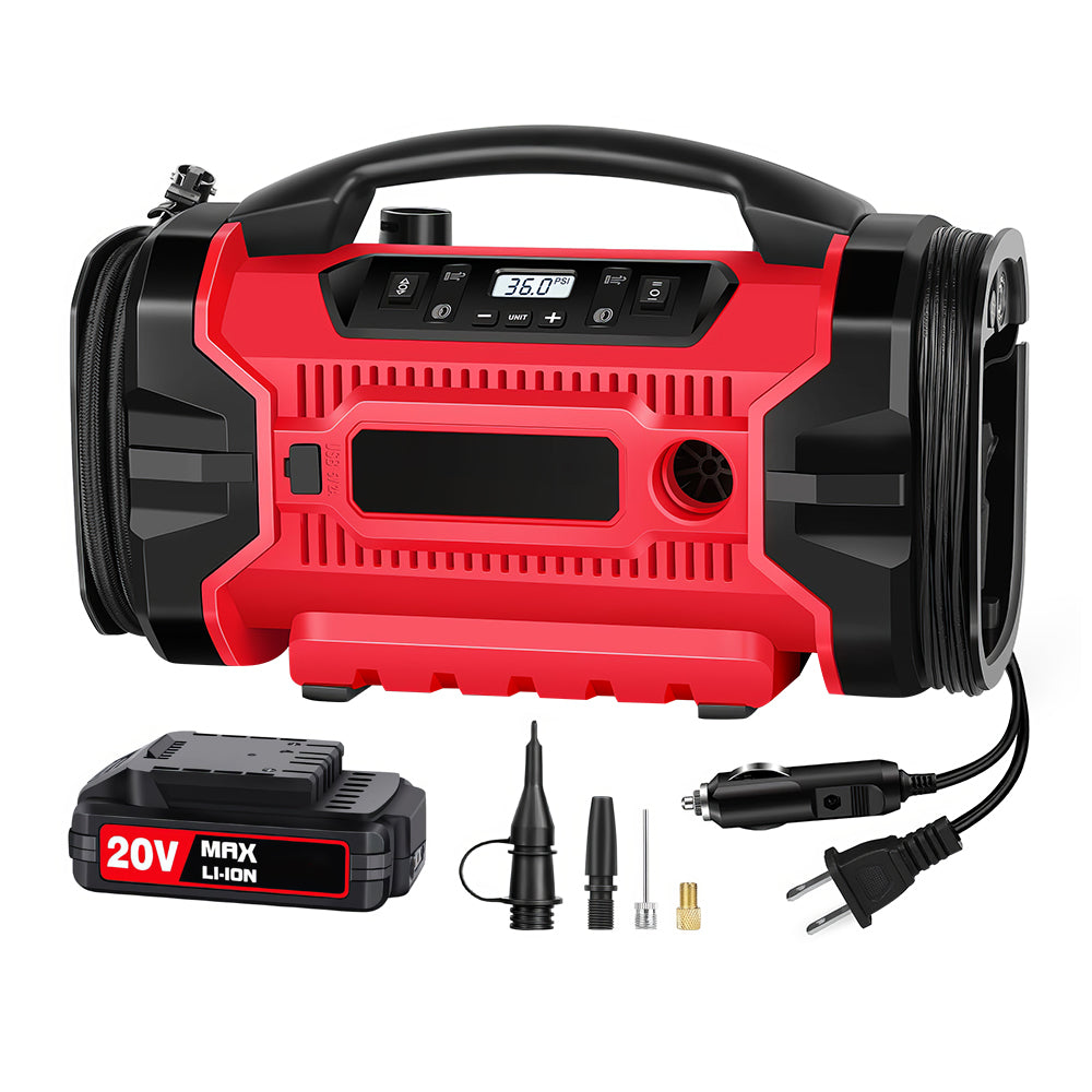 Portable Tire Inflator with Triple Power Supply and Dual Motors