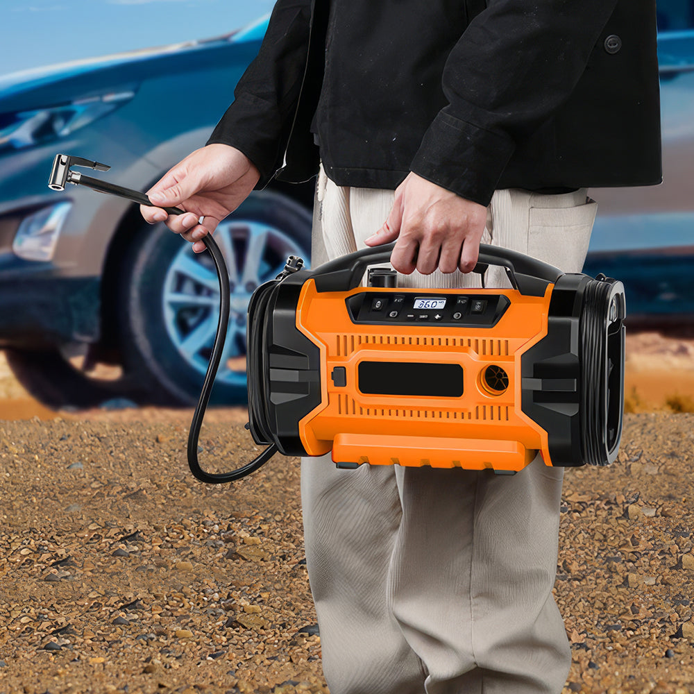 Portable Tire Inflator with Triple Power Supply and Dual Motors