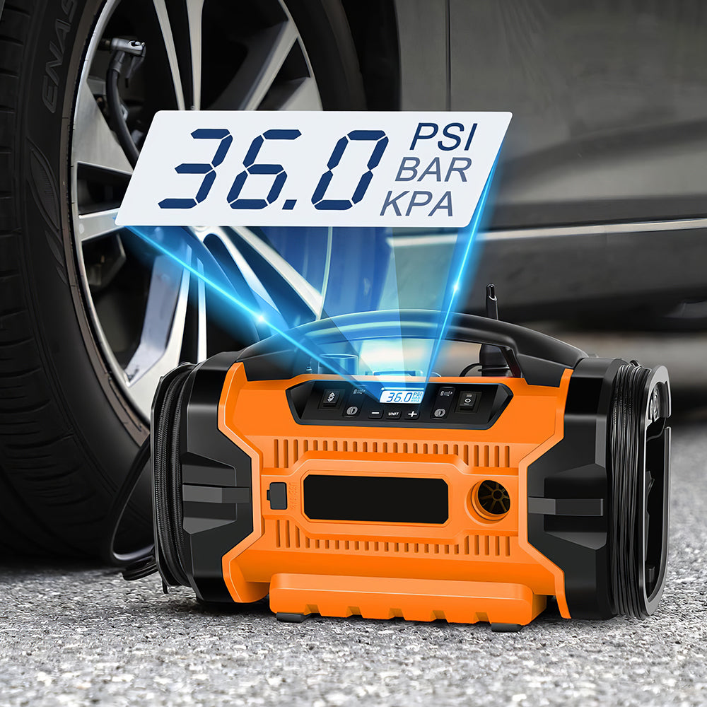 Portable Tire Inflator with Triple Power Supply and Dual Motors